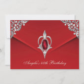 40歳の誕生日パーティー王室のシルバーレッドベルベットパール 招待状 (正面)