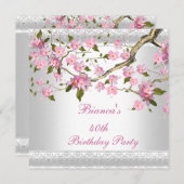 40歳の誕生日パーティー白ピンクの花フローラ 招待状 (正面/裏面)