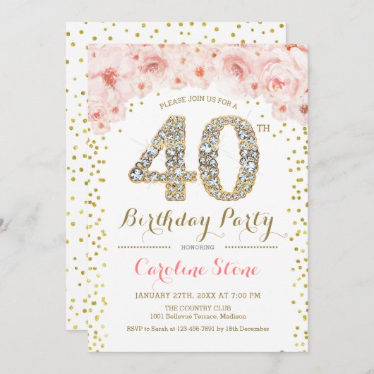 40歳の誕生日パーティー白金ゴールドピンク写真 招待状 (正面/裏面)