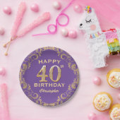 40歳の誕生日パーティー紫と金ゴールドグリッター枠 ペーパープレート (パーティー)
