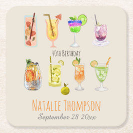 40歳の誕生日パーティー美しい水彩カクテル スクエアペーパーコースター