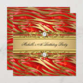 40歳の誕生日パーティー赤い金ゴールドゼブラダイヤモンドジュエル 招待状 (正面/裏面)