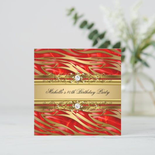 40歳の誕生日パーティー赤い金ゴールドゼブラダイヤモンドジュエル 招待状 (スタンド正面)