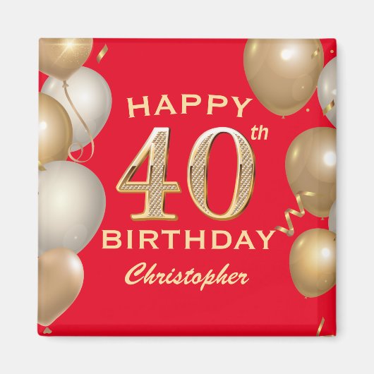 40歳の誕生日パーティー赤と金ゴールドバルーン マグネット (正面)