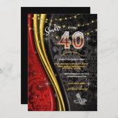 40歳の誕生日パーティー赤、金ゴールド、黒の渦巻き旋回 招待状 (正面/裏面)