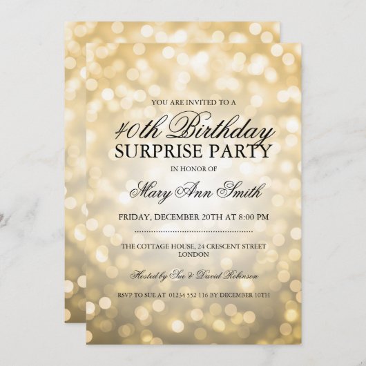 40歳の誕生日パーティー金ゴールドグリッター灯 招待状 (正面/裏面)