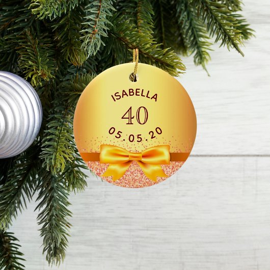 40歳の誕生日パーティー金ゴールドピンクボウ名 セラミックオーナメント