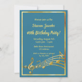 40歳の誕生日パーティー金ゴールド音楽ノートティール（緑がかった色）ブルー 招待状 (正面)