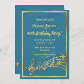 40歳の誕生日パーティー金ゴールド音楽ノートティール（緑がかった色）ブルー 招待状 (正面/裏面)