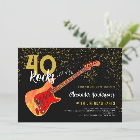 40歳の誕生日パーティー40ロックギター金ゴールドグリッター 招待状 (スタンド正面)