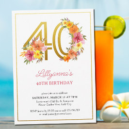 40歳の誕生日パーティー おしゃれな花とゴールドの数字40 招待状