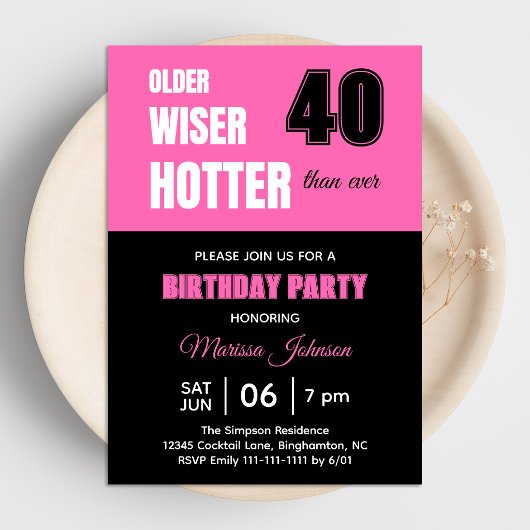 40歳の誕生日パーティー おばさん賢くてセクシーなお姉さん ホットピンク 招待状