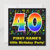 40歳の誕生日パーティー:おもしろいミュージックシンボル，レインボー40 招待状 (正面)