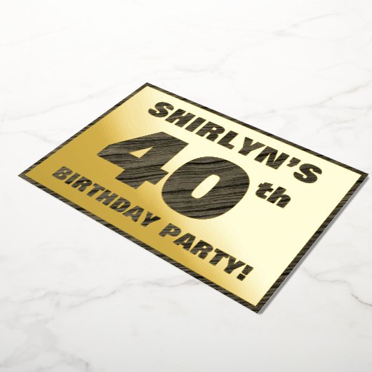 40歳の誕生日パーティー— はっきりした、木目フェイク文字 箔招待状 (回転した状態)