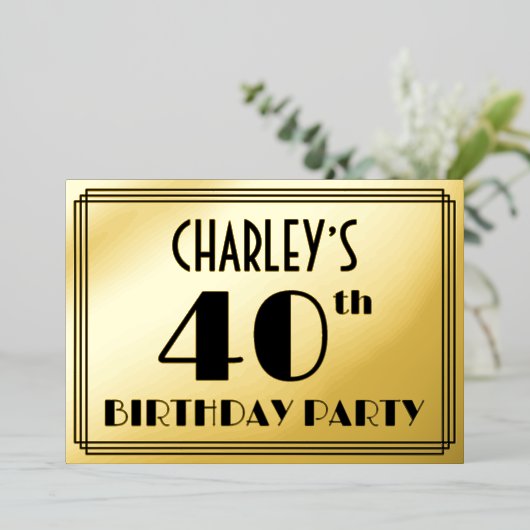 40歳の誕生日パーティー—アールデコ検索「40」 +名前 箔招待状 (立ち正面)