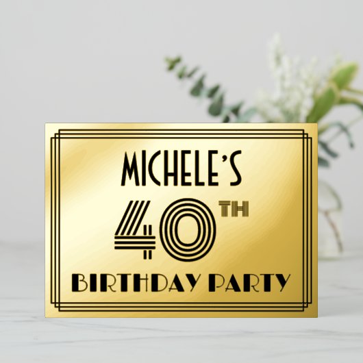 40歳の誕生日パーティー - アールデコ調「40」&名前 箔招待状 (立ち正面)