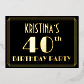 40歳の誕生日パーティー:アールデコ「40」、名前つき 箔招待状 (正面)
