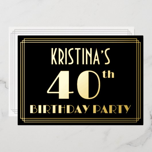 40歳の誕生日パーティー:アールデコ「40」、名前つき 箔招待状 (正面/裏面)