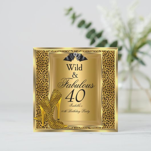 40歳の誕生日パーティー ゴールド ワイルド レオパード シューズ 招待状 (スタンド正面)
