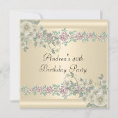 40歳の誕生日パーティー ソフトで可愛いクリーム色の花柄 2 招待状 (正面)