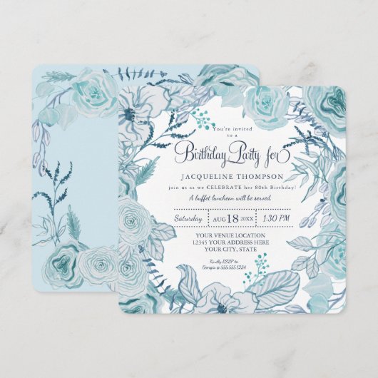 40歳の誕生日パーティー ダスティーブルー 水彩花 招待状 (正面/裏面)