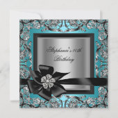 40歳の誕生日パーティー・テールブルーシルバー黒の弓 招待状 (正面)