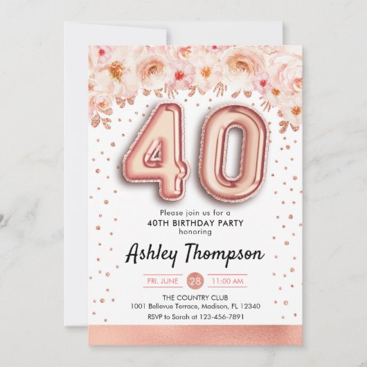 40歳の誕生日パーティー-バラ金ゴールドバルーン 招待状 (正面)
