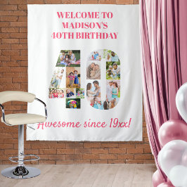 40歳の誕生日パーティー ピンクの写真コラージュ背景 タペストリー