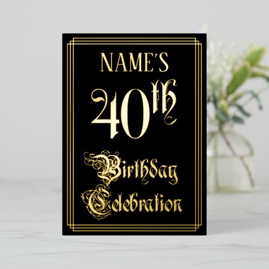 40歳の誕生日パーティー—ファンシースクリプトと名前をカスタムする 箔招待状 (立ち正面)