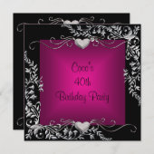 40歳の誕生日パーティー ブラック シルバー 花 ピンク 招待状 (正面/裏面)