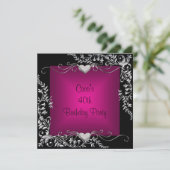 40歳の誕生日パーティー ブラック シルバー 花 ピンク 招待状 (スタンド正面)