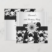 40歳の誕生日パーティー ブラック ホワイト フラワー ダイヤモンド 招待状 (正面/裏面)