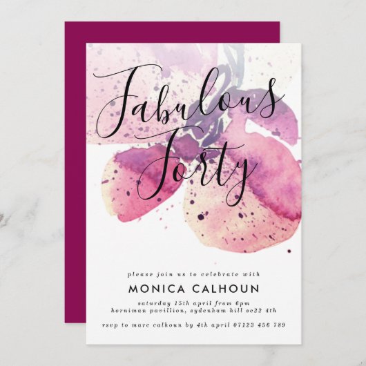 40歳の誕生日パーティー ベリー ウォーターカラー オーキッド 招待状 (正面/裏面)