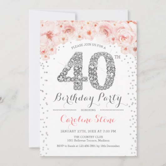 40歳の誕生日パーティー – ホワイトシルバーピンク 招待状 (正面)