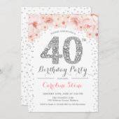 40歳の誕生日パーティー – ホワイトシルバーピンク 招待状 (正面/裏面)