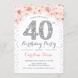 40歳の誕生日パーティー – ホワイトシルバーピンク 招待状