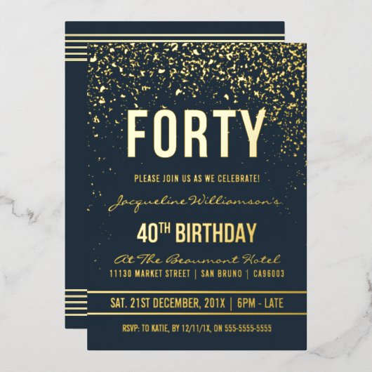 40歳の誕生日パーティー ミッドナイト|ゴールド コンフェティ 箔招待状 (正面/裏面)