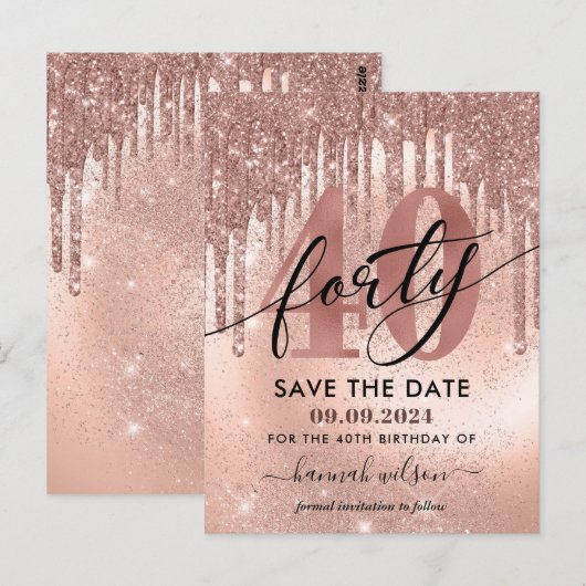 40歳の誕生日パーティー ローズゴールド Save The Date ポストカード (正面/裏面)