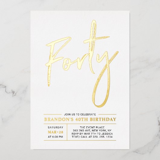 40歳の誕生日パーティー 現代のゴールド | おしゃれな40歳の誕生日パーティー 箔招待状 (正面)