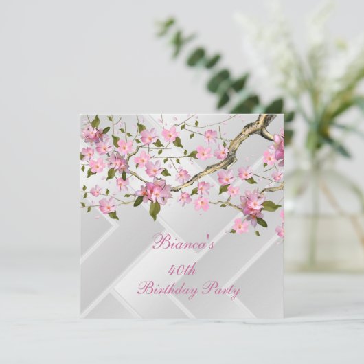 40歳の誕生日パーティー 白とピンクの花の2 招待状 (スタンド正面)