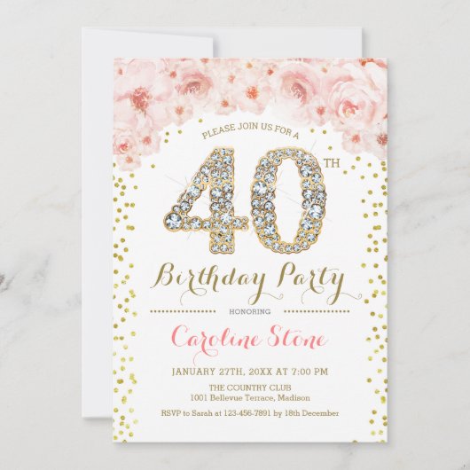40歳の誕生日パーティー – 白金ゴールドピンク 招待状 (正面)