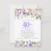 40歳の誕生日パーティー 紫のバラの花イラスト 招待状 (正面)