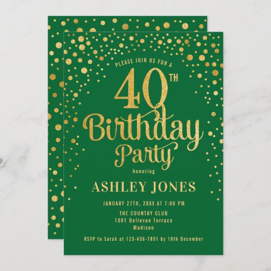 40歳の誕生日パーティー – 緑と金ゴールド 招待状 (正面/裏面)