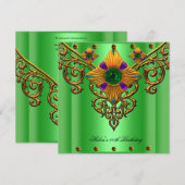 40歳の誕生日パーティー 緑 金の宝石 招待状 (正面/裏面)