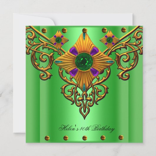 40歳の誕生日パーティー 緑 金の宝石 招待状 (正面)