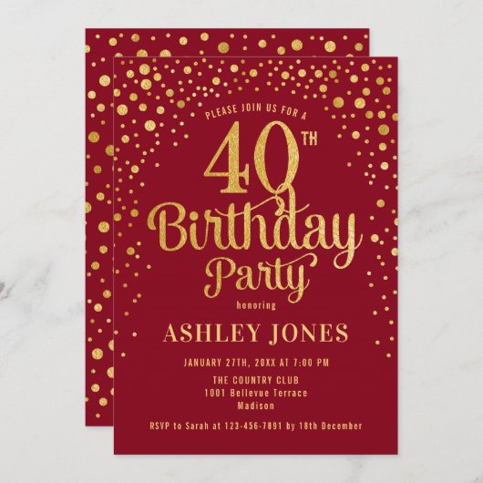 40歳の誕生日パーティー – 赤と金ゴールド 招待状 (正面/裏面)