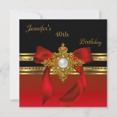 40歳の誕生日パーティー 赤金パールジュエル 赤リボン 招待状 (正面)
