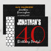 40歳の誕生日パーティー 赤 黒 白の模様 招待状 (正面/裏面)