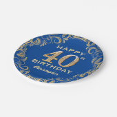 40歳の誕生日パーティー 青と金のグリッターフレーム ペーパープレート (アングル)