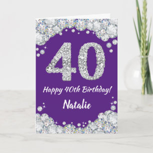 40歳の誕生日パープルとシルバーグリッターカード カード